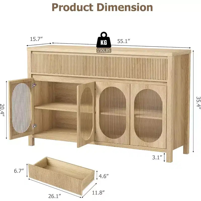 55 Credenza Grande con Buffet, Contenitore e 2 Frontali Cassetto Scanalati, Naturale