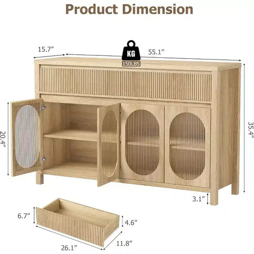 55 Credenza Grande con Buffet, Contenitore e 2 Frontali Cassetto Scanalati, Naturale