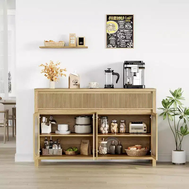 55 Credenza Grande con Buffet, Contenitore e 2 Frontali Cassetto Scanalati, Naturale