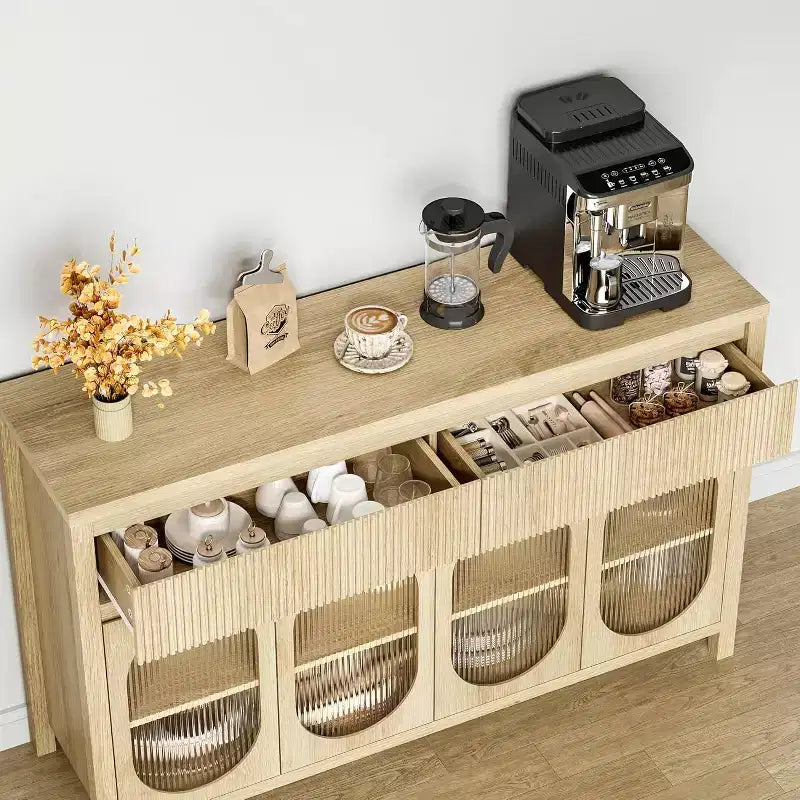 55 Credenza Grande con Buffet, Contenitore e 2 Frontali Cassetto Scanalati, Naturale