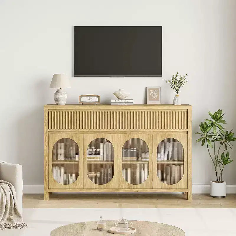 55 Credenza Grande con Buffet, Contenitore e 2 Frontali Cassetto Scanalati, Naturale