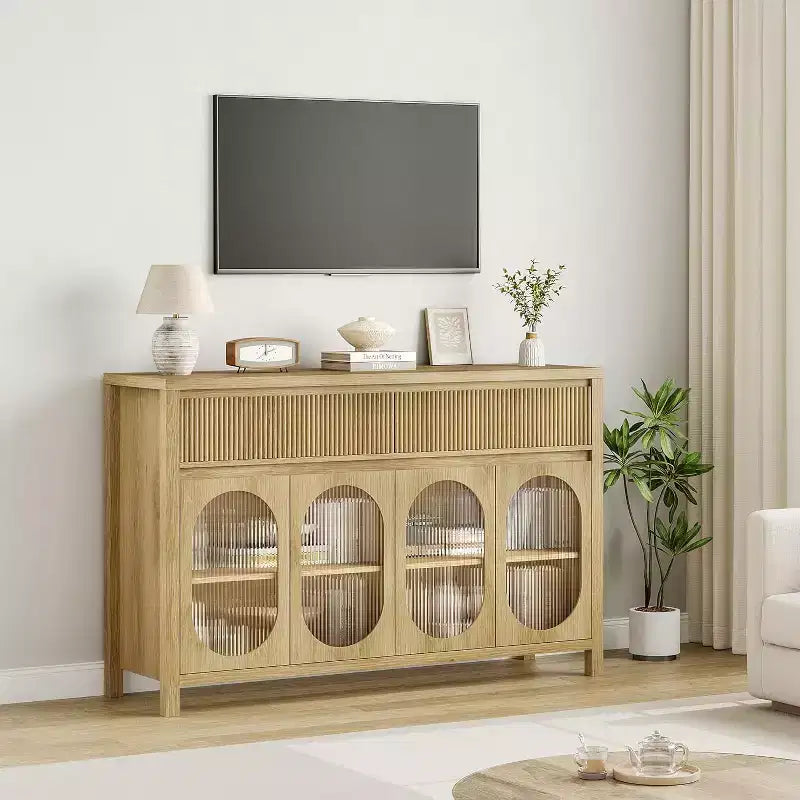 55 Credenza Grande con Buffet, Contenitore e 2 Frontali Cassetto Scanalati, Naturale