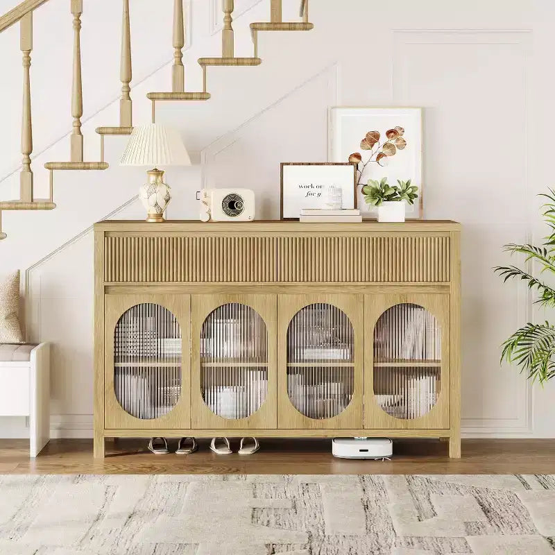 55 Credenza Grande con Buffet, Contenitore e 2 Frontali Cassetto Scanalati, Naturale