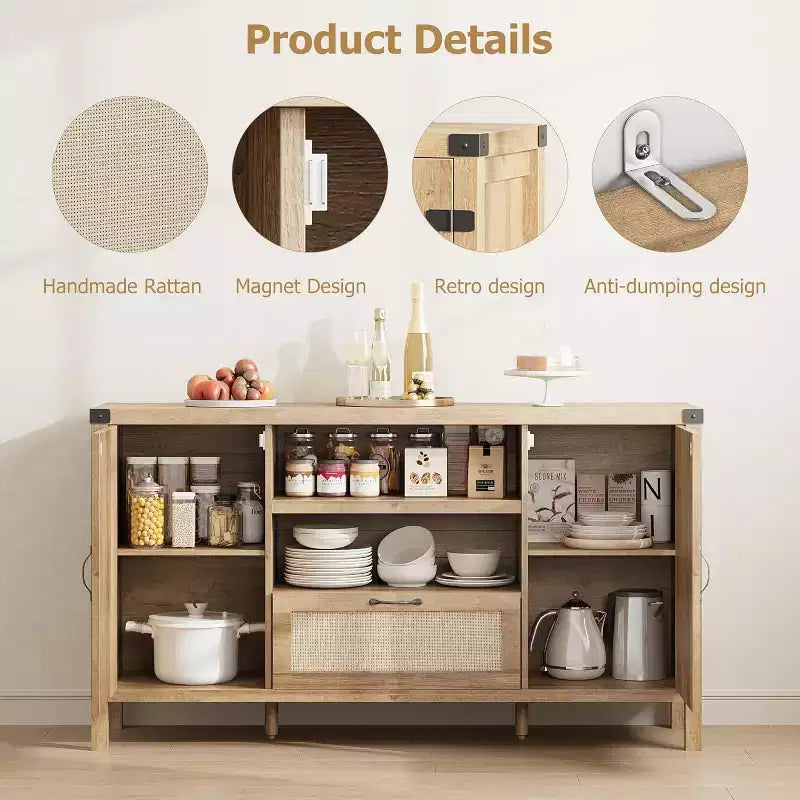 Madia Buffet da 150 cm con Contenitore, Mobile Contenitore da Cucina Stile Farmhouse con Ripiani Regolabili