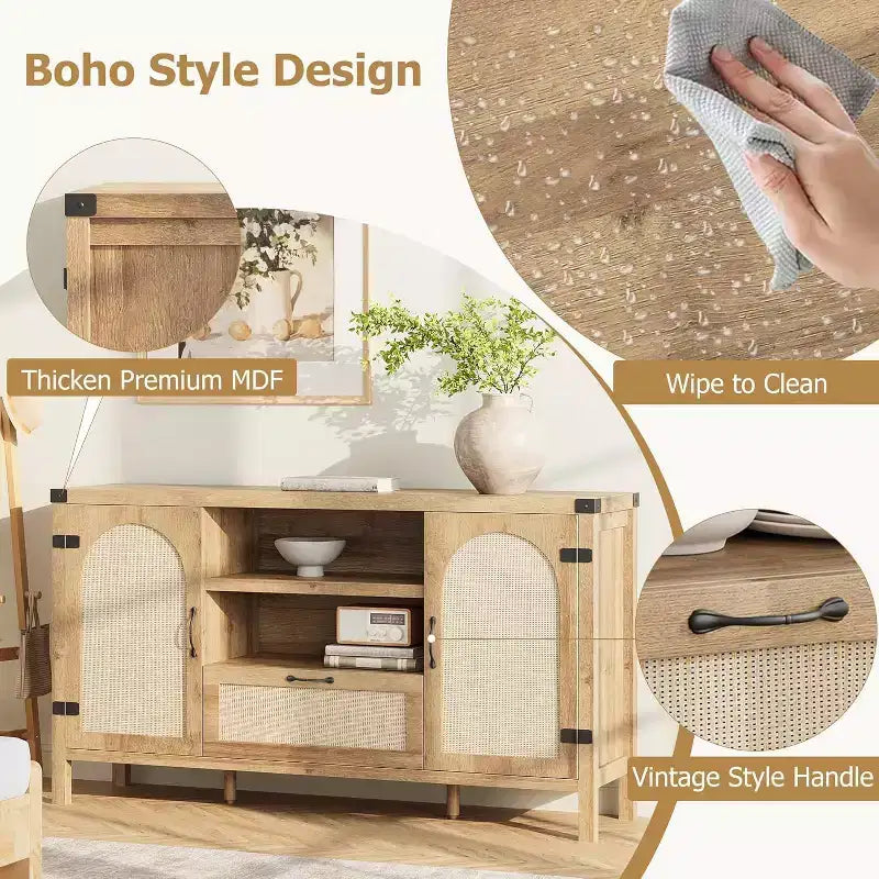 Madia Buffet da 150 cm con Contenitore, Mobile Contenitore da Cucina Stile Farmhouse con Ripiani Regolabili