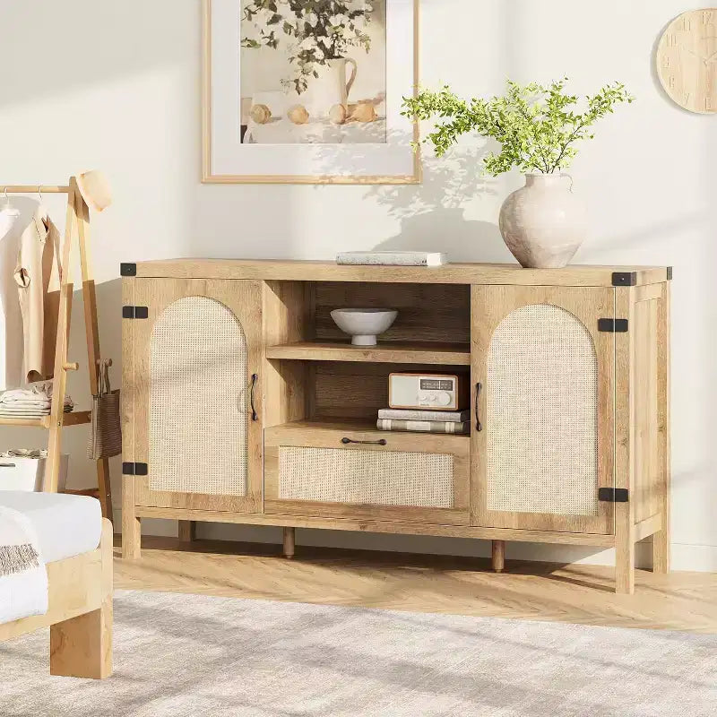 Madia Buffet da 150 cm con Contenitore, Mobile Contenitore da Cucina Stile Farmhouse con Ripiani Regolabili