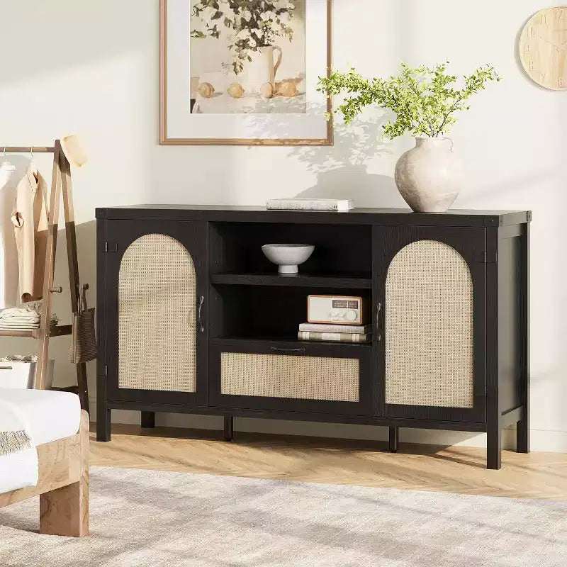 Madia Buffet da 150 cm con Contenitore, Mobile Contenitore da Cucina Stile Farmhouse con Ripiani Regolabili
