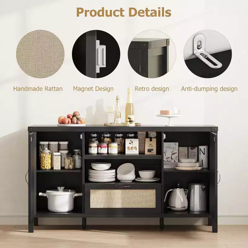 Madia Buffet da 150 cm con Contenitore, Mobile Contenitore da Cucina Stile Farmhouse con Ripiani Regolabili