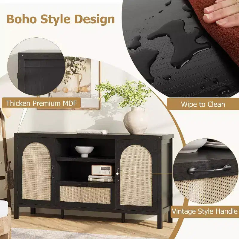 Madia Buffet da 150 cm con Contenitore, Mobile Contenitore da Cucina Stile Farmhouse con Ripiani Regolabili