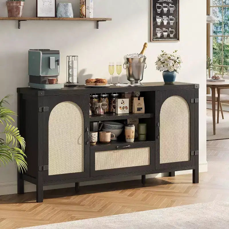 Madia Buffet da 150 cm con Contenitore, Mobile Contenitore da Cucina Stile Farmhouse con Ripiani Regolabili