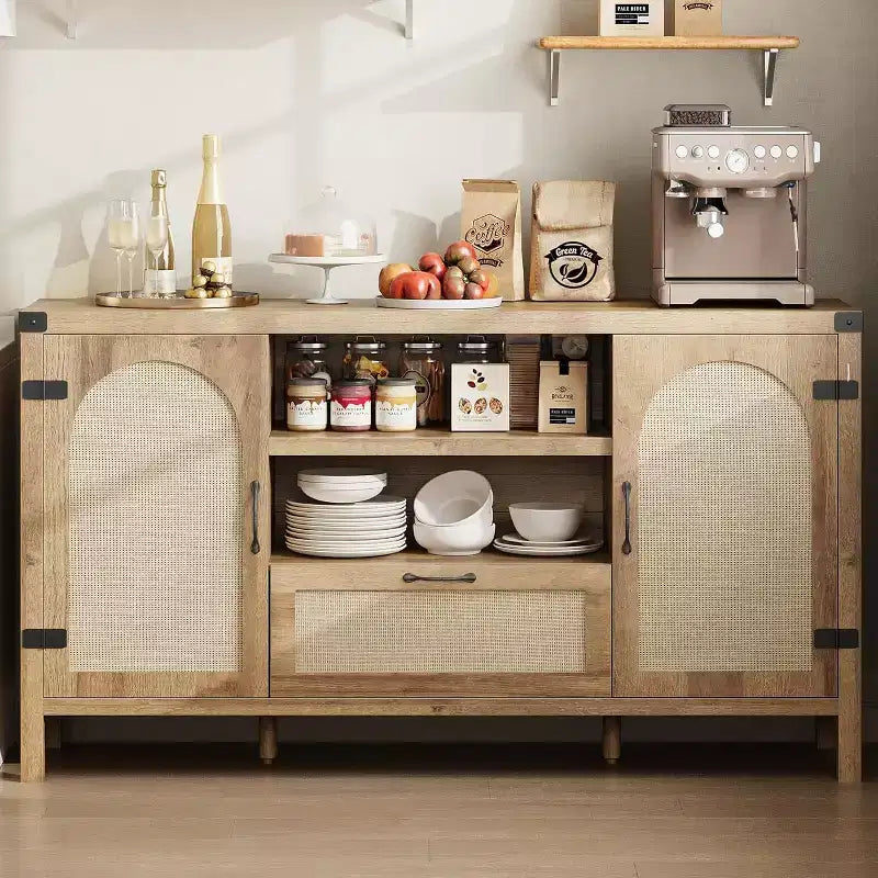 Madia Buffet da 150 cm con Contenitore, Mobile Contenitore da Cucina Stile Farmhouse con Ripiani Regolabili