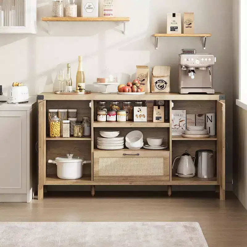 Madia Buffet da 150 cm con Contenitore, Mobile Contenitore da Cucina Stile Farmhouse con Ripiani Regolabili