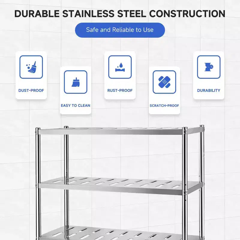Scaffale Regolabile a 4 Ripiani in Acciaio Inossidabile, Mensole Resistenti con Ruote, Resistente alla Corrosione, Multiuso per Organizzazione