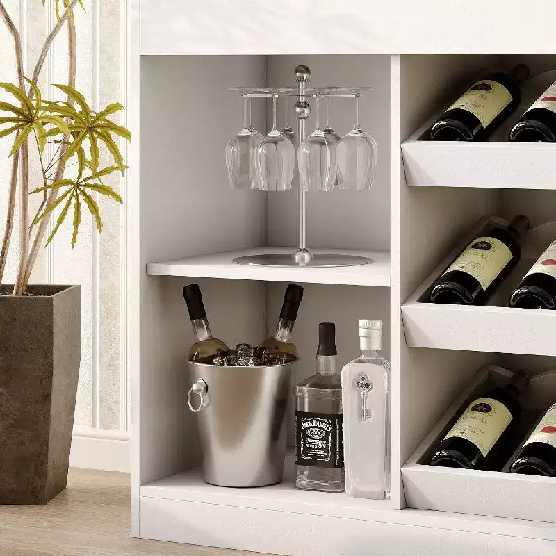 Mobile bar/cantinetta Famapy White a più strati: piano in vetro con motivo a onde, design a livelli, ampio spazio per vino e liquori, illuminazione d'ambiente