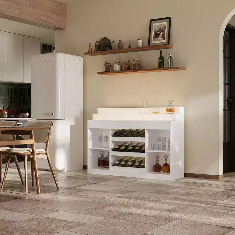 Mobile bar/cantinetta Famapy White a più strati: piano in vetro con motivo a onde, design a livelli, ampio spazio per vino e liquori, illuminazione d'ambiente
