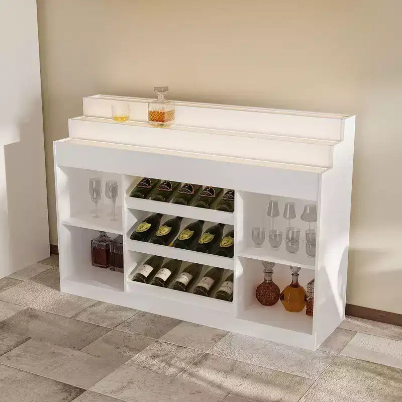 Mobile bar/cantinetta Famapy White a più strati: piano in vetro con motivo a onde, design a livelli, ampio spazio per vino e liquori, illuminazione d'ambiente