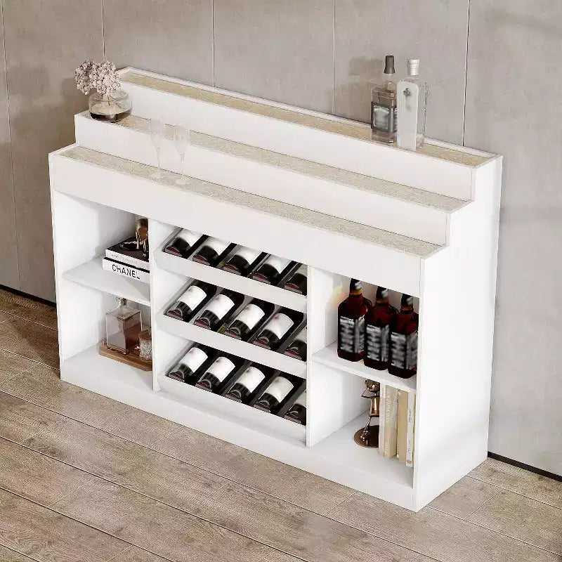 Mobile bar/cantinetta Famapy White a più strati: piano in vetro con motivo a onde, design a livelli, ampio spazio per vino e liquori, illuminazione d'ambiente