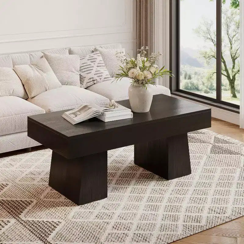 Lantine Farmhouse Coffee Table, 47 Inches Rectangular Wooden Accent Center Tables with Thick Basefor Living Room