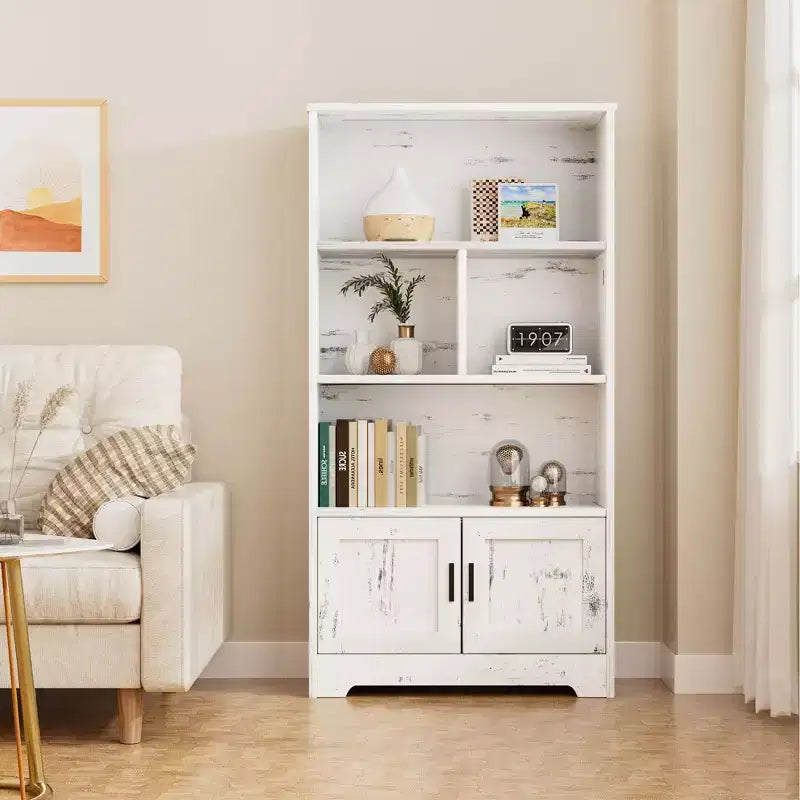 Scaffale portaoggetti moderno a 4 ripiani con luce, libreria alta bianca con ante e ripiani, libreria con armadietti portaoggetti per il soggiorno