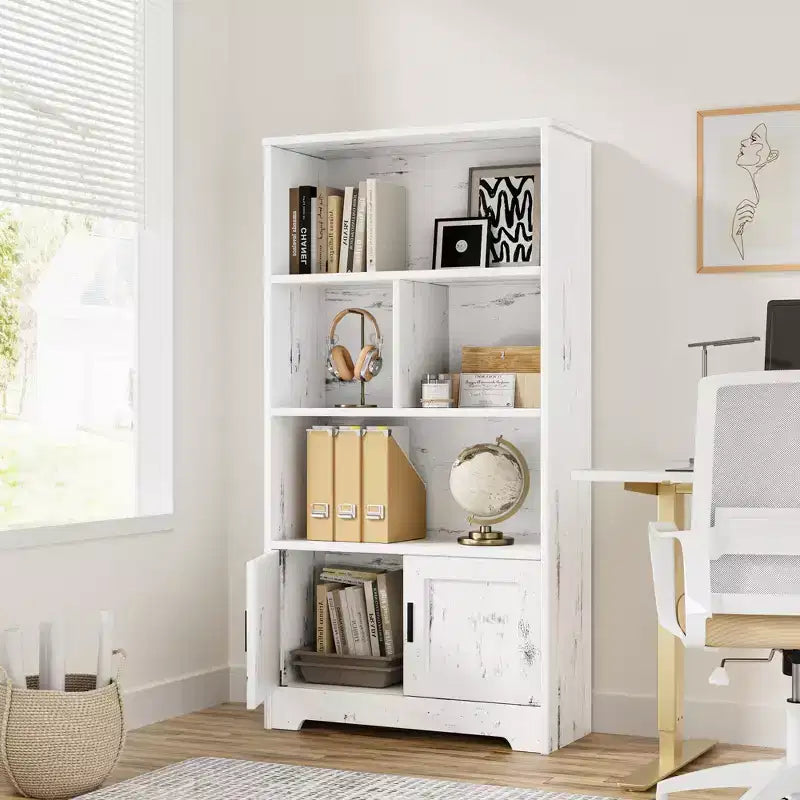 Scaffale portaoggetti moderno a 4 ripiani con luce, libreria alta bianca con ante e ripiani, libreria con armadietti portaoggetti per il soggiorno