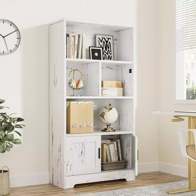 Scaffale portaoggetti moderno a 4 ripiani con luce, libreria alta bianca con ante e ripiani, libreria con armadietti portaoggetti per il soggiorno