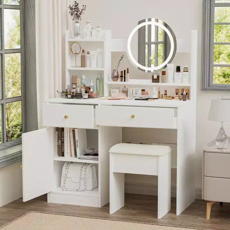Okak Elegent Toeletta Trucco con Sedia Imbottita, Tavolo da Trucco con Specchio Rotondo e Ampio Spazio di Archiviazione, Scrivania da Trucco per Soggiorno, Camera da Letto, Bianco