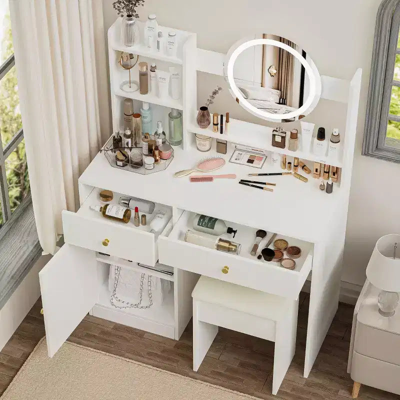 Okak Elegent Toeletta Trucco con Sedia Imbottita, Tavolo da Trucco con Specchio Rotondo e Ampio Spazio di Archiviazione, Scrivania da Trucco per Soggiorno, Camera da Letto, Bianco