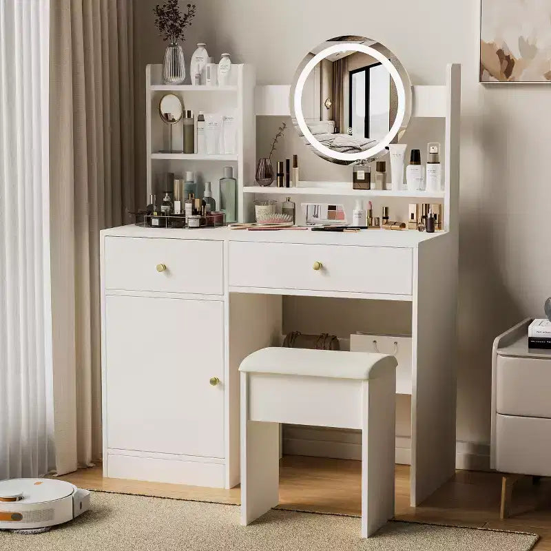 Okak Elegent Toeletta Trucco con Sedia Imbottita, Tavolo da Trucco con Specchio Rotondo e Ampio Spazio di Archiviazione, Scrivania da Trucco per Soggiorno, Camera da Letto, Bianco