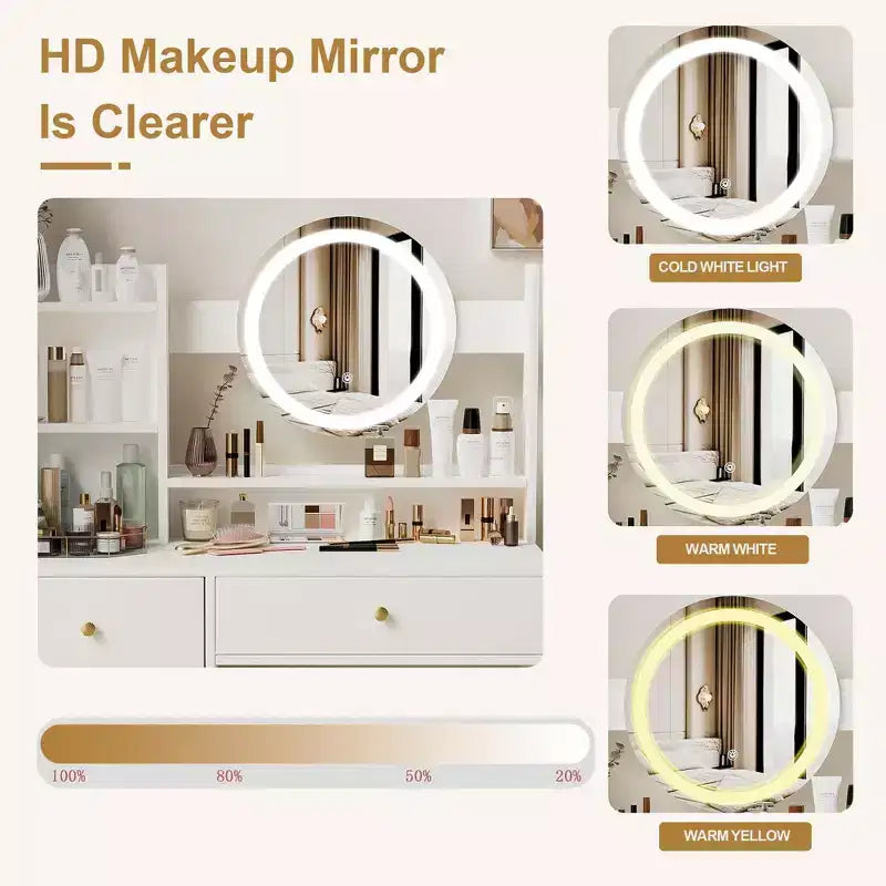 Okak Elegent Toeletta Trucco con Sedia Imbottita, Tavolo da Trucco con Specchio Rotondo e Ampio Spazio di Archiviazione, Scrivania da Trucco per Soggiorno, Camera da Letto, Bianco