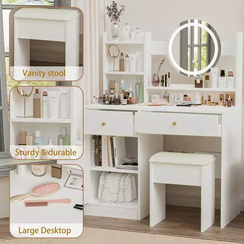 Okak Elegent Toeletta Trucco con Sedia Imbottita, Tavolo da Trucco con Specchio Rotondo e Ampio Spazio di Archiviazione, Scrivania da Trucco per Soggiorno, Camera da Letto, Bianco