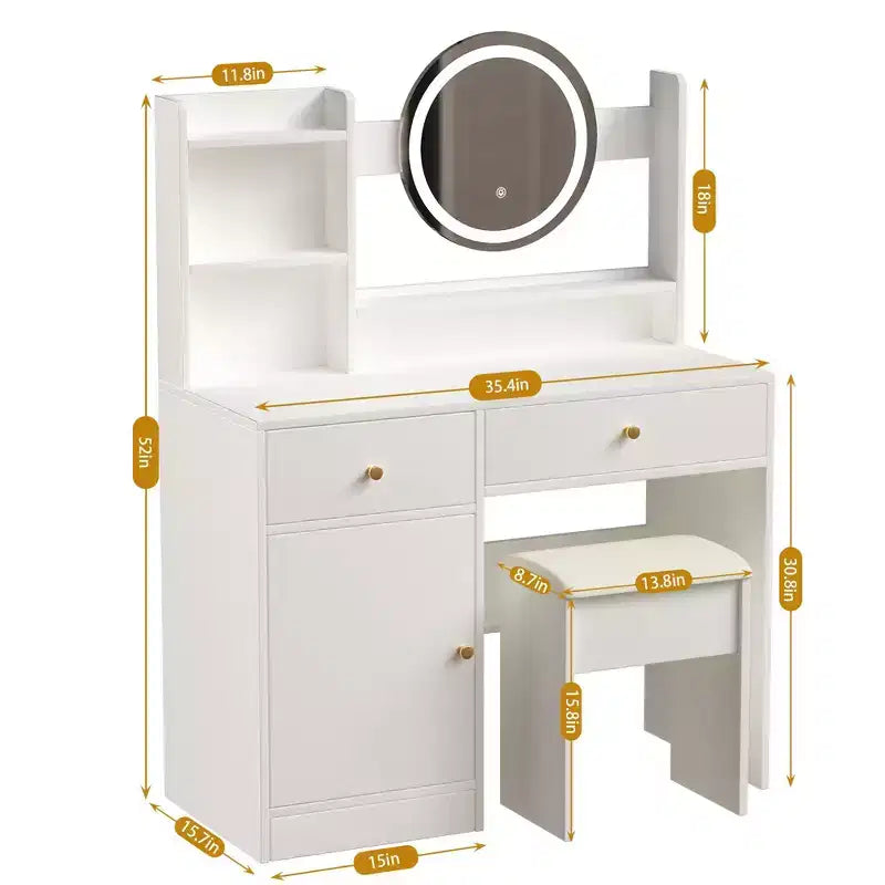 Okak Elegent Toeletta Trucco con Sedia Imbottita, Tavolo da Trucco con Specchio Rotondo e Ampio Spazio di Archiviazione, Scrivania da Trucco per Soggiorno, Camera da Letto, Bianco
