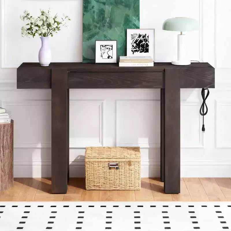 Consolle rustica Luxystar in legno con cassetto a scomparsa e presa di corrente laterale per ingressi, soggiorni e uffici domestici