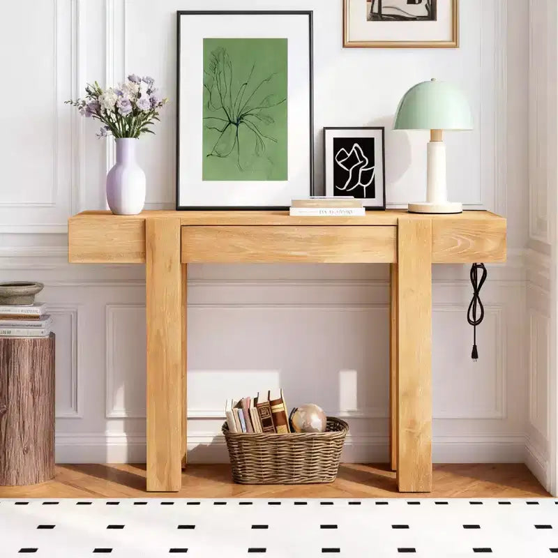 Consolle rustica Luxystar in legno con cassetto a scomparsa e presa di corrente laterale per ingressi, soggiorni e uffici domestici