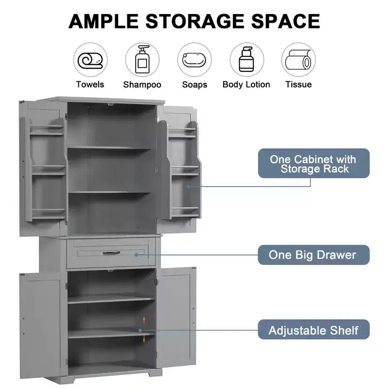 Mobile Contenitore da Bagno Okak, Armadietto Alto, Grande Mobile Contenitore con 2 Cassetti e Ripiani Aperti