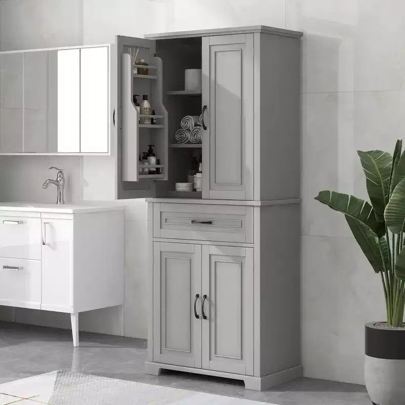 Mobile Contenitore da Bagno Okak, Armadietto Alto, Grande Mobile Contenitore con 2 Cassetti e Ripiani Aperti