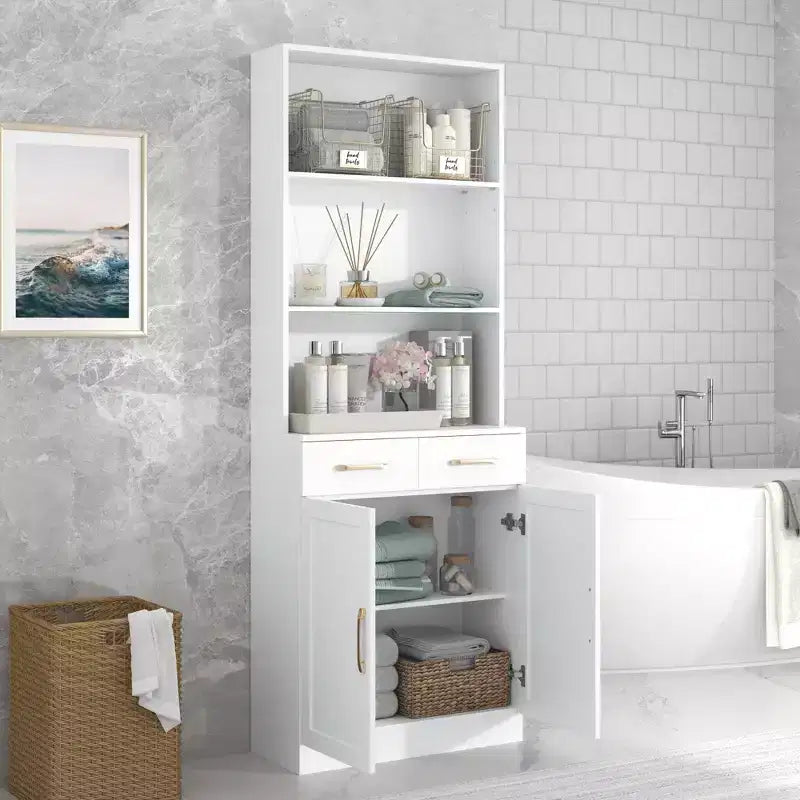 Mobile Contenitore da Bagno Okak, Armadietto Alto, Grande Mobile Contenitore con 2 Cassetti e Ripiani Aperti