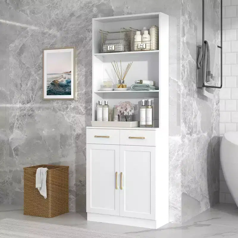Mobile Contenitore da Bagno Okak, Armadietto Alto, Grande Mobile Contenitore con 2 Cassetti e Ripiani Aperti