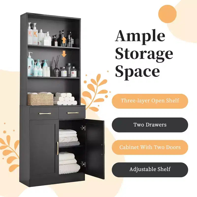Mobile Contenitore da Bagno Okak, Armadietto Alto, Grande Mobile Contenitore con 2 Cassetti e Ripiani Aperti