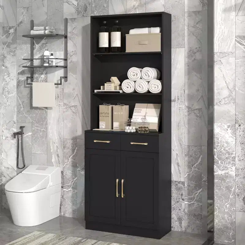 Mobile Contenitore da Bagno Okak, Armadietto Alto, Grande Mobile Contenitore con 2 Cassetti e Ripiani Aperti