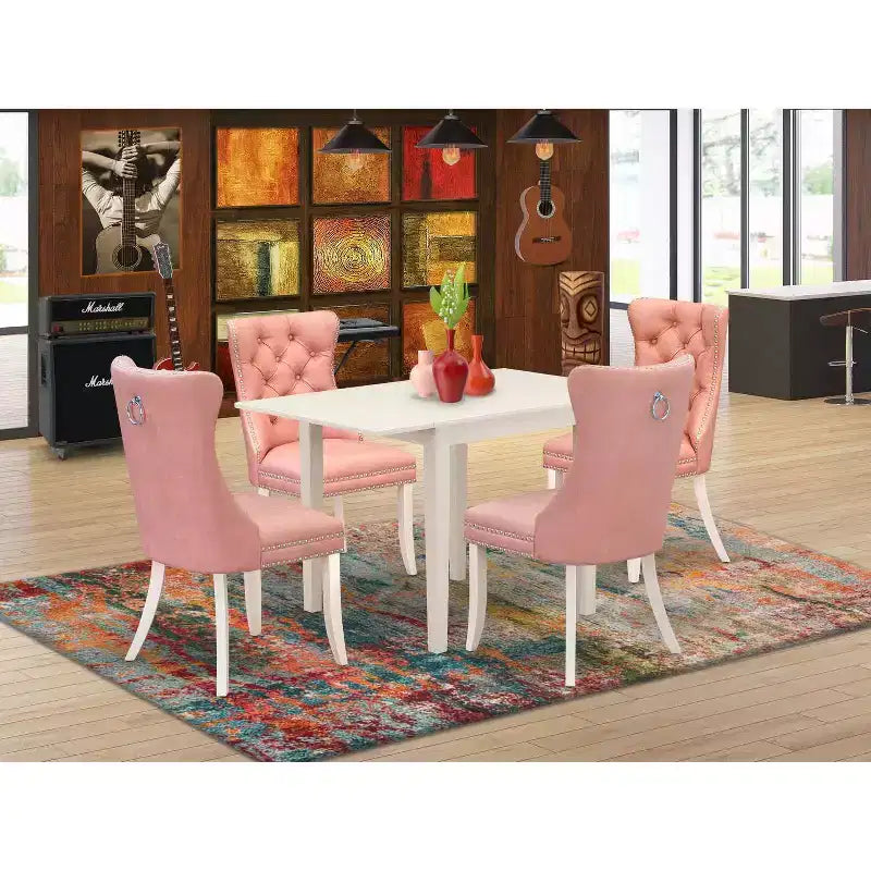 Set da pranzo rettangolare imbottito in legno massello, 5 pezzi, finitura bianco lino (4 posti)