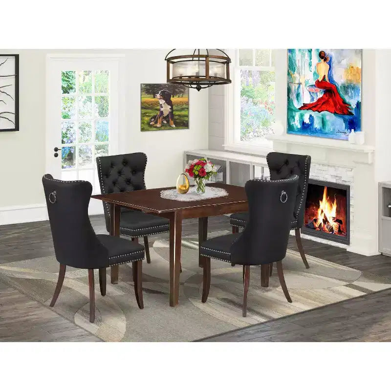 Set da pranzo rettangolare imbottito in legno massello con finitura mogano, 5 pezzi (4 posti)