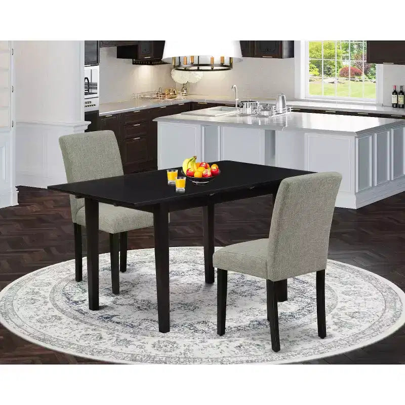 Set tavolo da pranzo HomeStock 3 pezzi con piano rettangolare in legno massello e prolunga a farfalla, finitura nera