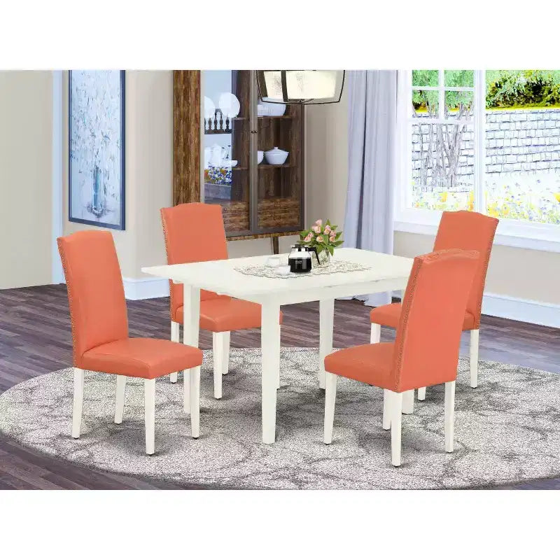 HomeStock Set da Pranzo Rettangolare Imbottito a 5 Pezzi con Finitura Lino Bianco e Piano in Legno Massello con Prolunga a Farfalla - Posti a Sedere per 4