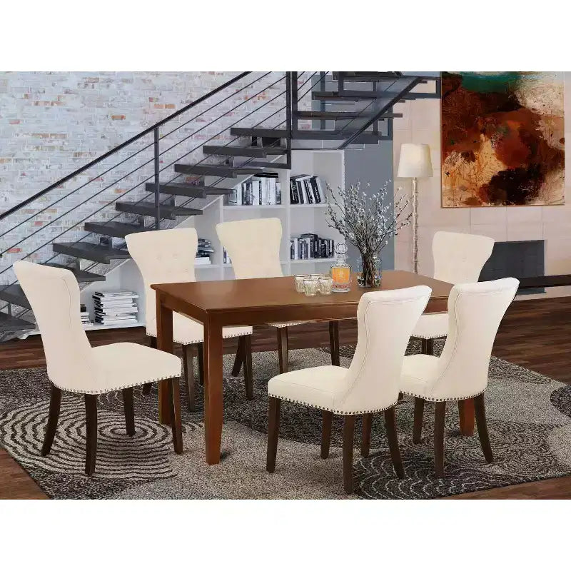 HomeStock Tavolo da Pranzo 7 Pezzi con Piano in Legno Massello Finitura Mogano e 6 Sedie Parson