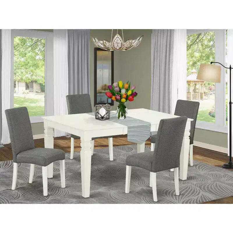 Set tavolo da cucina 5 pz Tavolo rettangolare con allunga e 4 sedie - Gambe bianco lino, Tessuto grigio