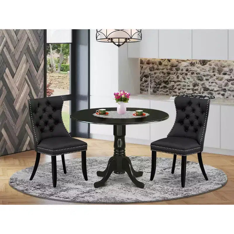 Set da pranzo 3 pezzi in legno massello con finitura nera e sedie rivestite - 4 posti