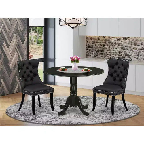 Set da pranzo 3 pezzi in legno massello con finitura nera e sedie rivestite - 4 posti