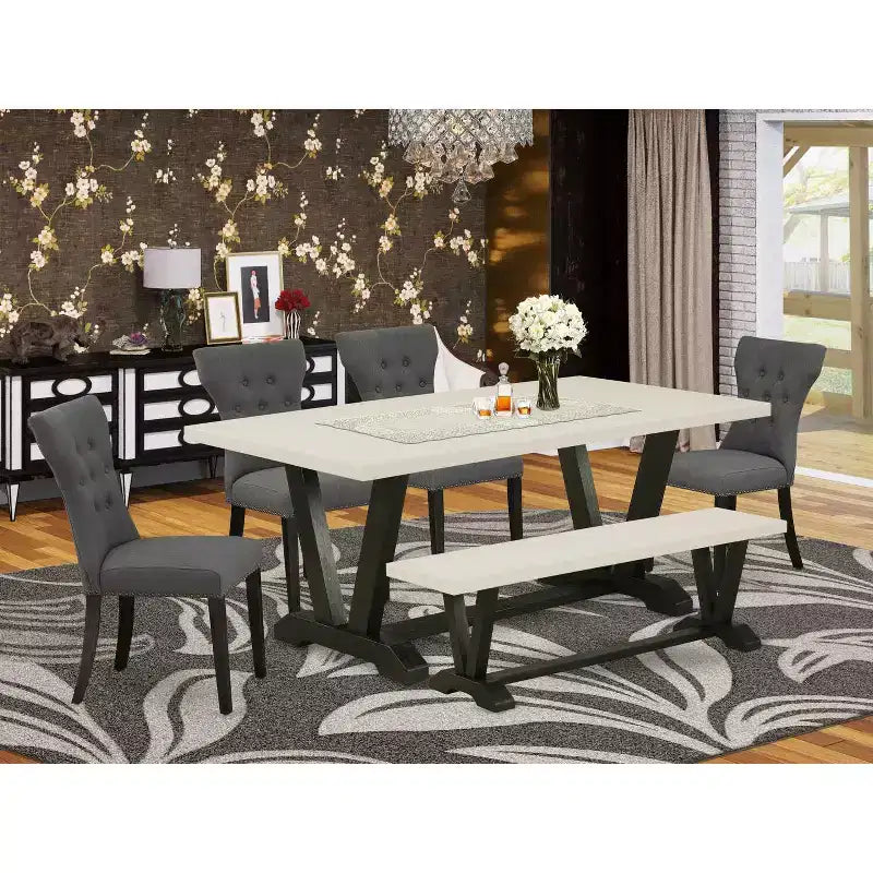 Tavolo da pranzo HomeStock 6 pezzi con piano rettangolare in legno massello finitura rovere naturale, 1 panca, 4 sedie