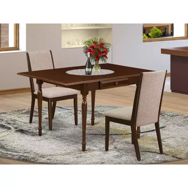 Set tavolo da pranzo HomeStock 3 pezzi in legno massello rettangolare con piano a ribalta finitura mogano