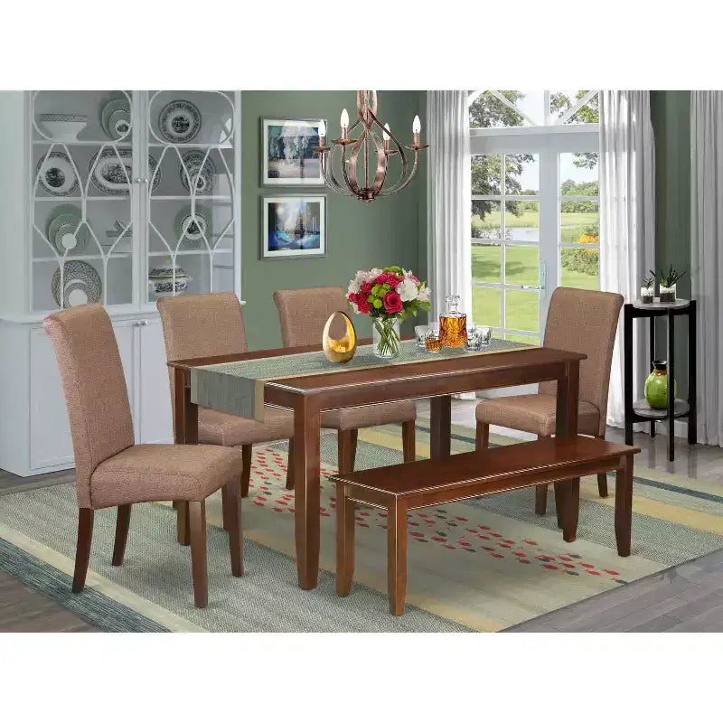Set Tavolo Cucina Rustico 6 Sedie Panca Lino Marrone Arredamento Sala da Pranzo Stile Fattoria